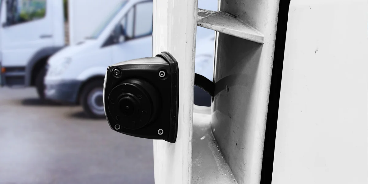 Close-up of a blind spot camera mounted on the side of a white commercial van