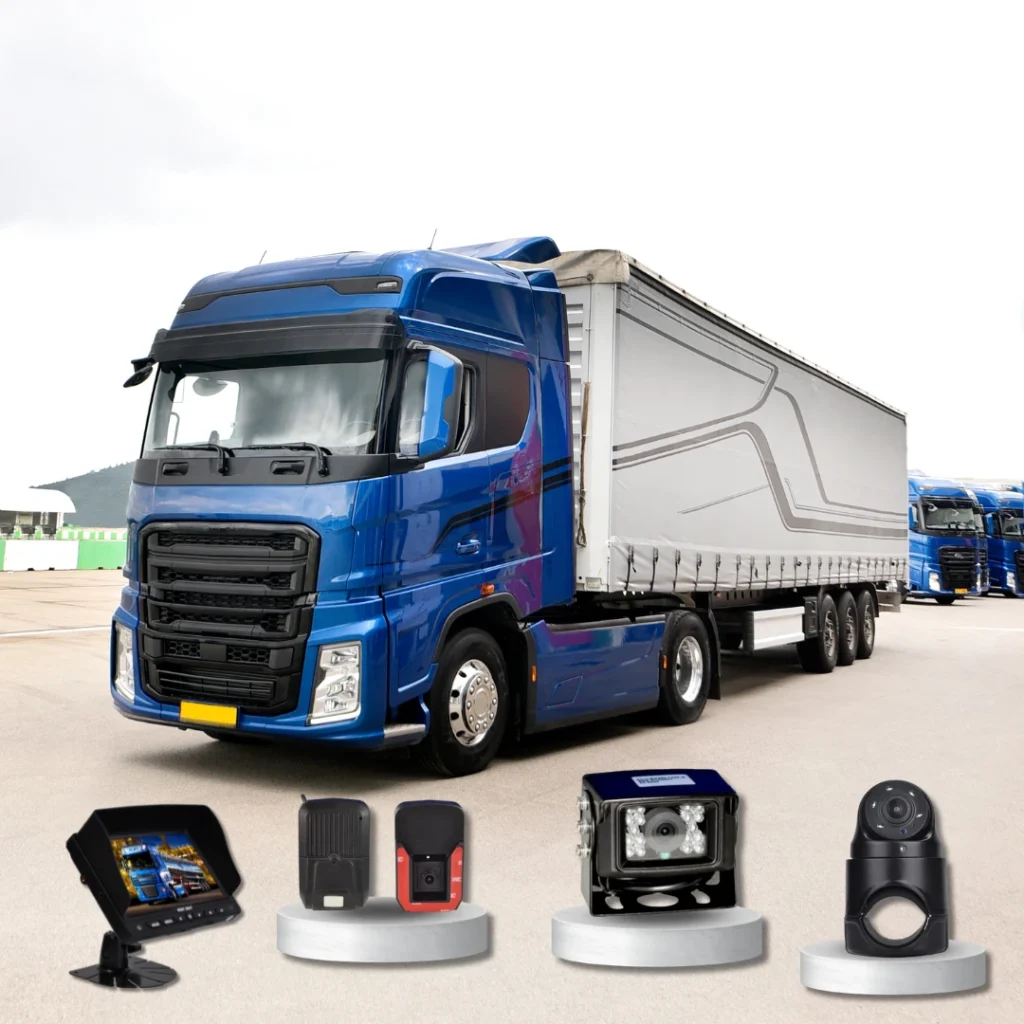 Blue articulated lorry with fleet camera equipment displayed below
