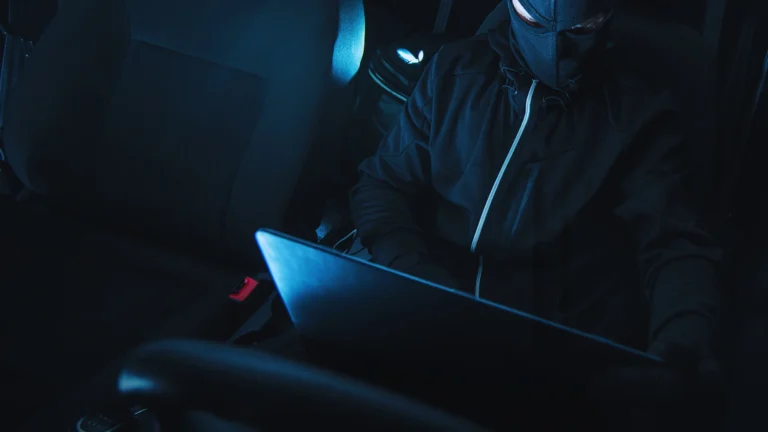 Masked car thief using a laptop for keyless theft